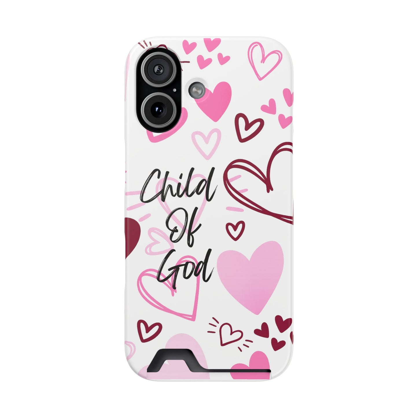 Phone Case — "Child of God" Card Holder Case, Pink Hearts Christian Phone Cover