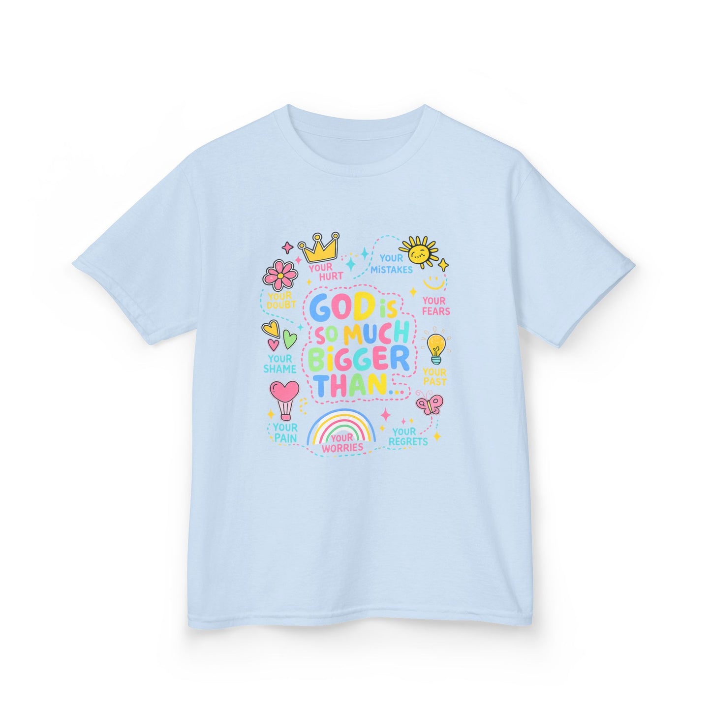 UNISEX Kids Tee — "God Is So Much Bigger Than" Colorful Faith Graphic