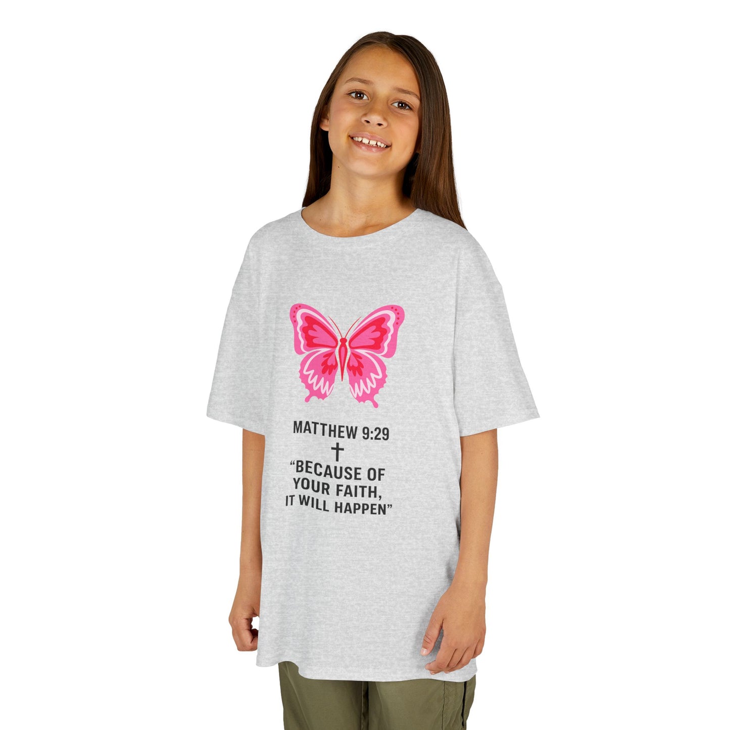 Kids Tee — Pink Butterfly with Matthew 9:29 Inspirational Faith Quote