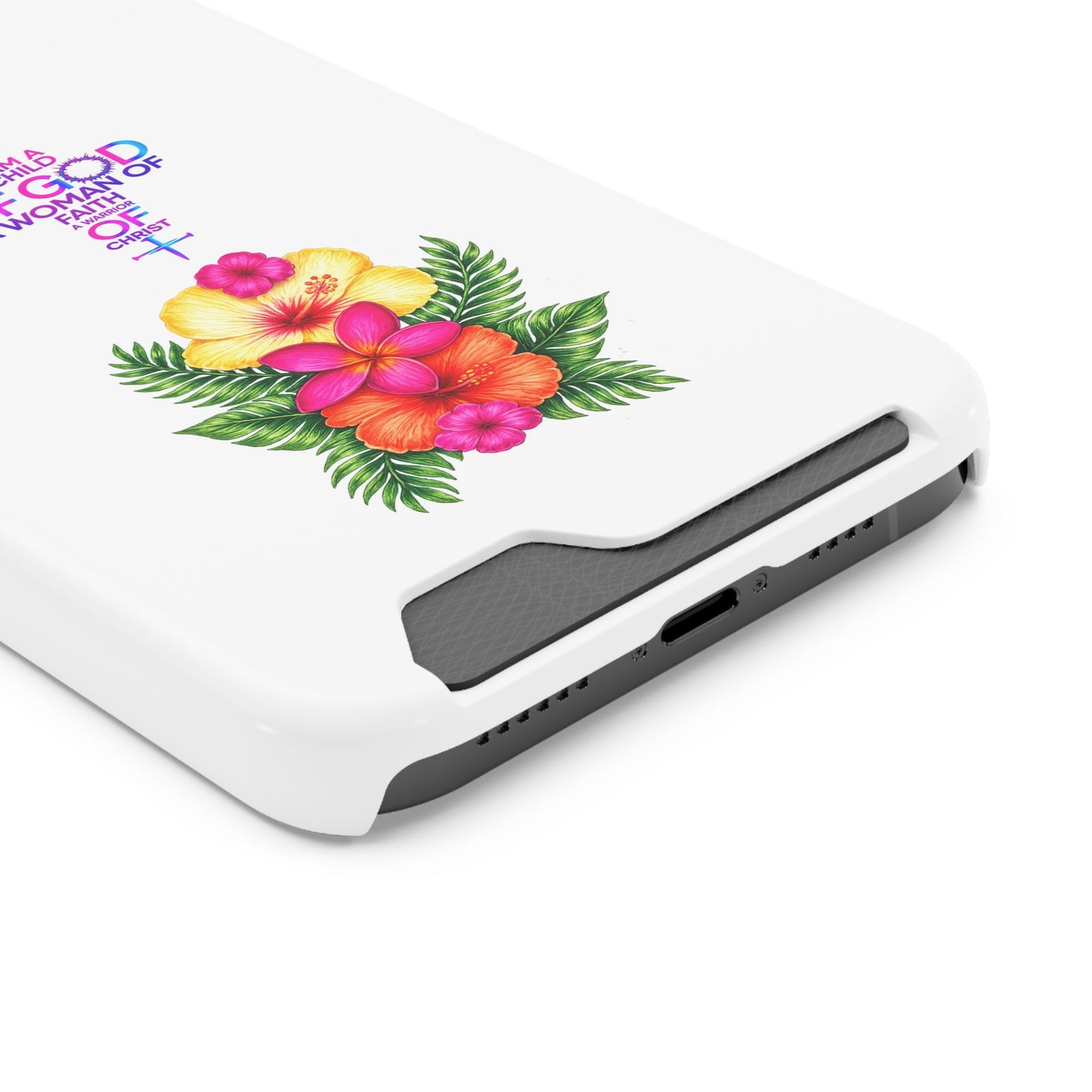 Phone Case with Card Holder — Floral Cross Design: "I Am a Child of God, A Woman of Faith"