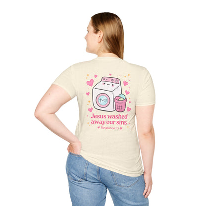 Christian T-Shirt – “Jesus Washed Away Our Sins” Cute Washing Machine Design
