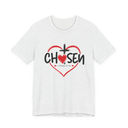 Chosen Heart Christian T-Shirt — "Chosen" with Cross & 1 Peter 2:9 Faith Tee