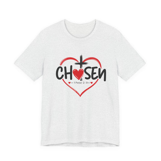 Chosen Heart Christian T-Shirt — "Chosen" with Cross & 1 Peter 2:9 Faith Tee