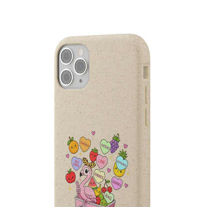 Biodegradable Phone Case — Cute Flamingo & Fruit Hearts "Fruity Love" Eco-Friendly iPhone Cover
