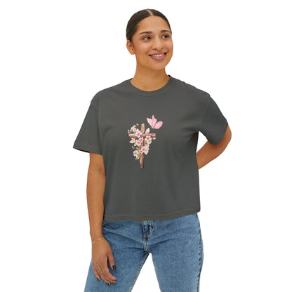 Women's Boxy Tee — Pink Floral Cross "Pray" Christian Graphic Shirt