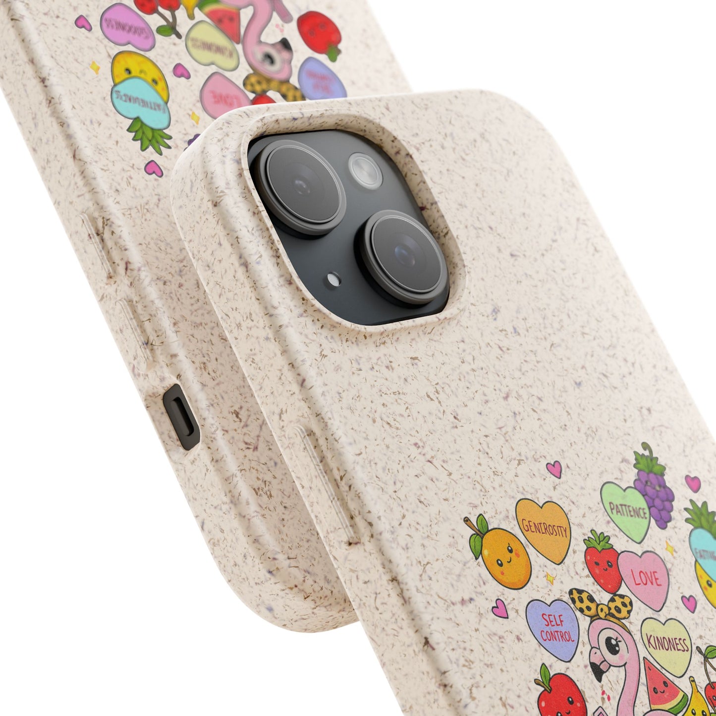 Biodegradable Phone Case — Cute Flamingo & Fruit Hearts "Fruity Love" Eco-Friendly iPhone Cover