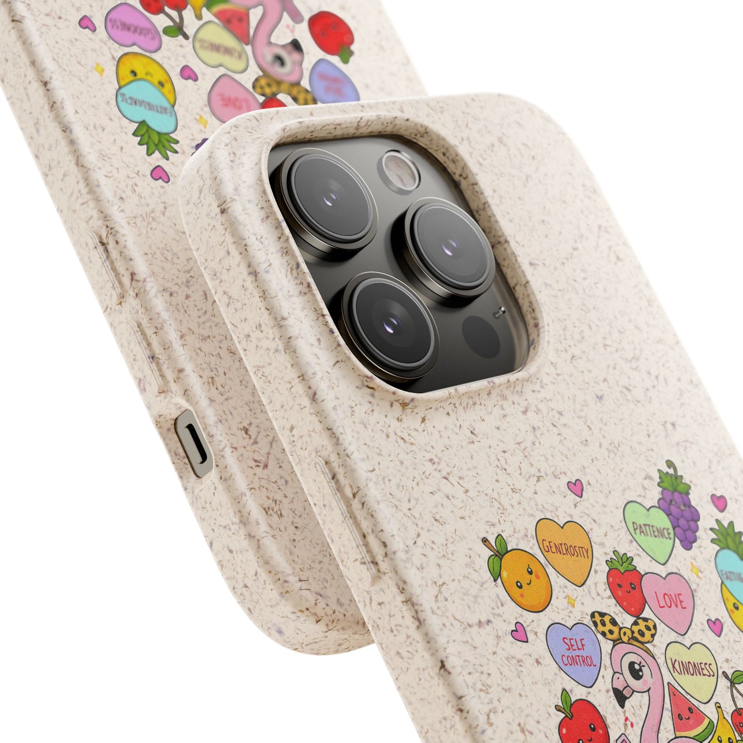 Biodegradable Phone Case — Cute Flamingo & Fruit Hearts "Fruity Love" Eco-Friendly iPhone Cover