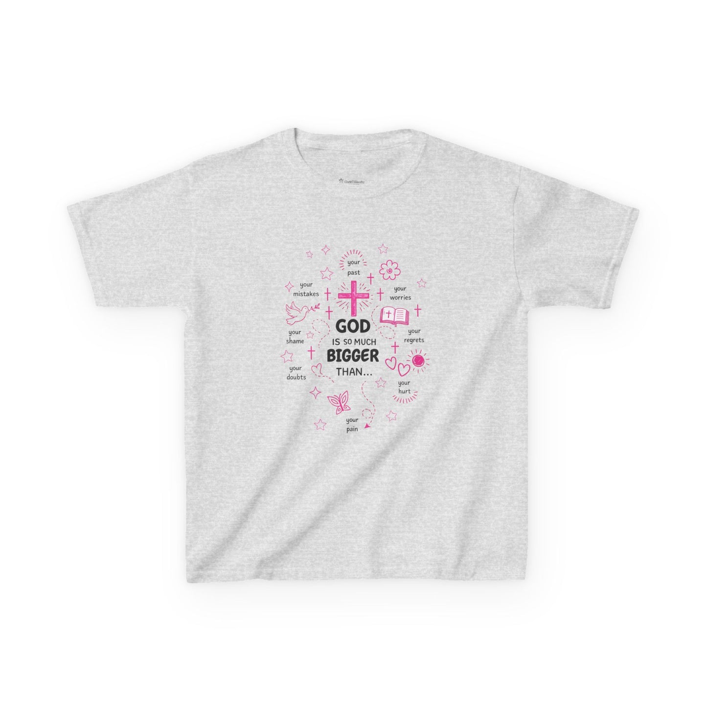 Kids T-Shirt — "God Is Bigger Than" Pink Faith Graphic Tee