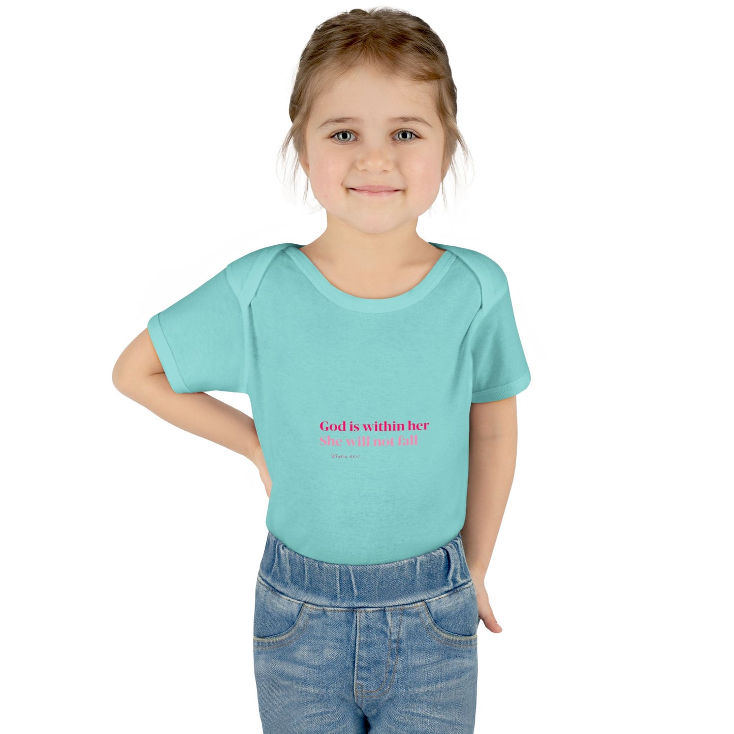 Infant Bodysuit – "God Is Within Her She Will Not Fall" Pink Cross Christian Baby Onesie