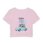Women’s Crop Tee — "Riding with Jesus" Blue Vintage Car Faith Graphic