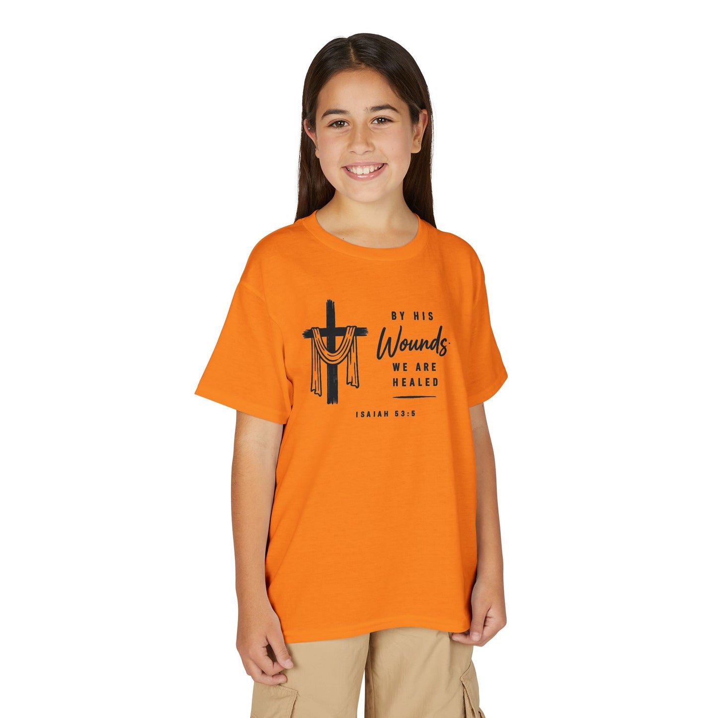 Youth T-Shirt - "By His Wounds We Are Healed" Christian Cross Tee