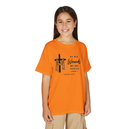 Youth T-Shirt - "By His Wounds We Are Healed" Christian Cross Tee