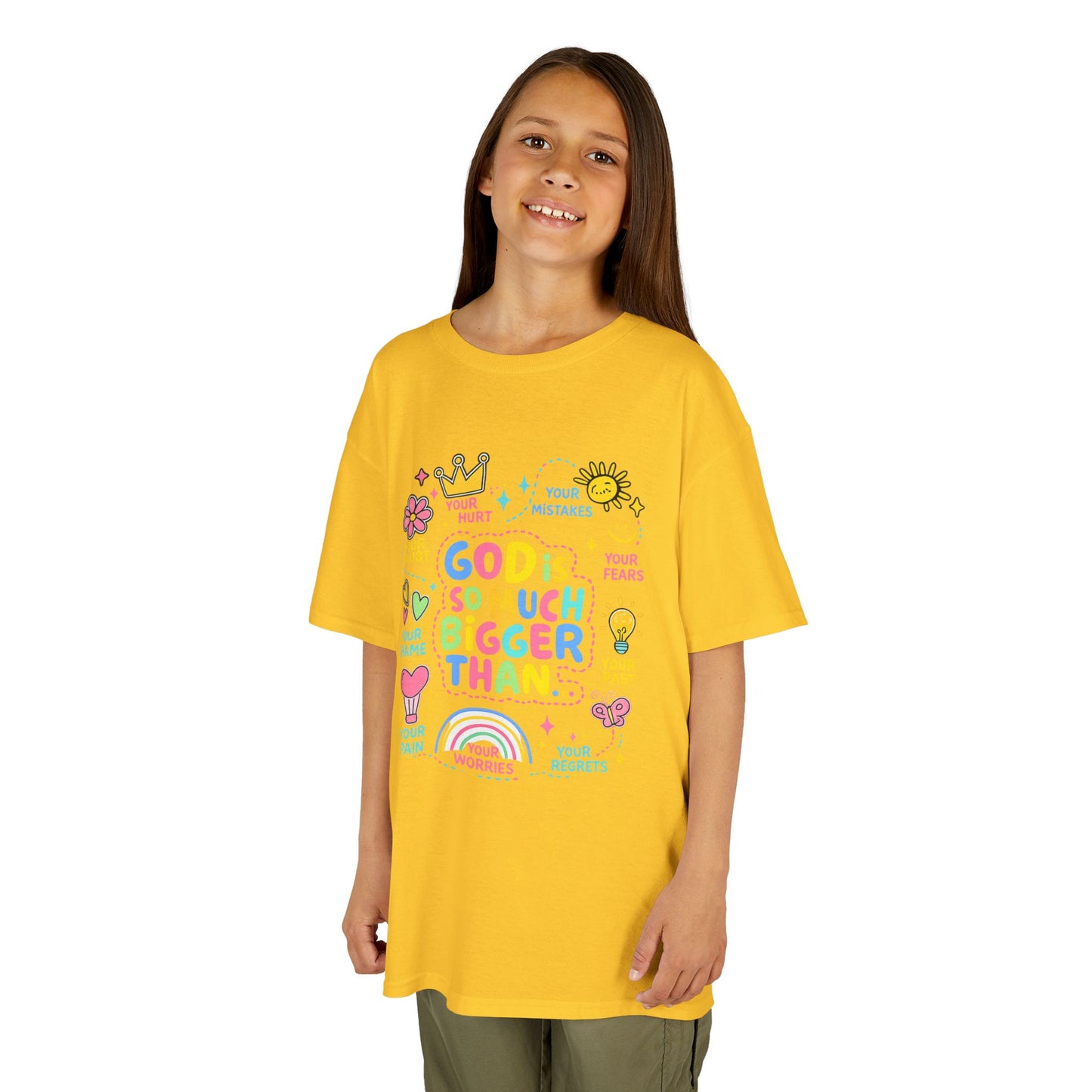 UNISEX Kids Tee — "God Is So Much Bigger Than" Colorful Faith Graphic