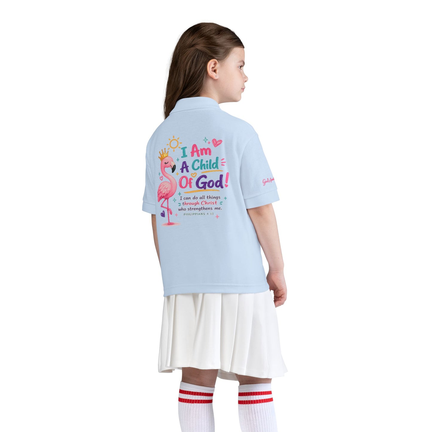 Youth Polo — "I Am A Child of God" Flamingo Christian Kids Shirt