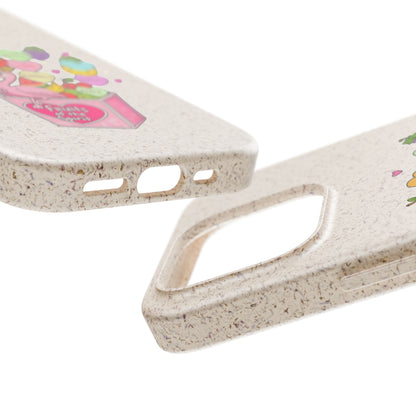 Biodegradable Phone Case — Cute Flamingo & Fruit Hearts "Fruity Love" Eco-Friendly iPhone Cover