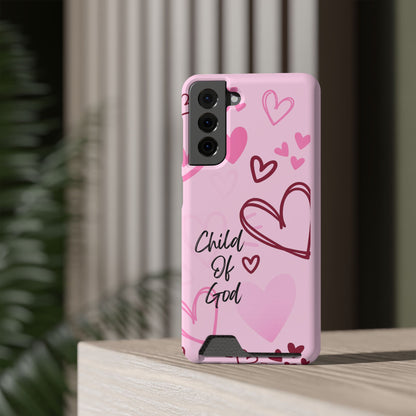 Pink "Child of God" Phone Card Case — Heart Pattern Religious Phone Case with Card Holder