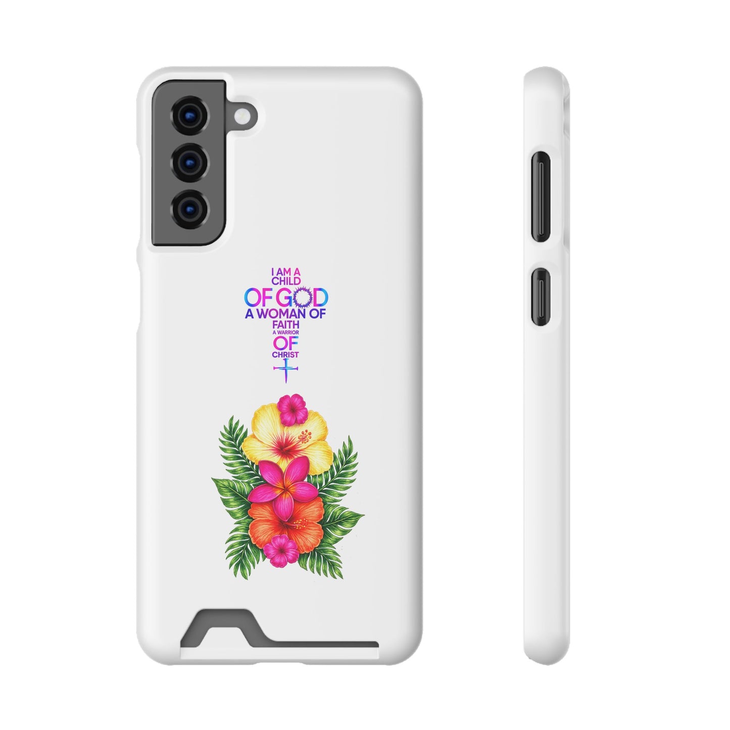 Phone Case with Card Holder — Floral Cross Design: "I Am a Child of God, A Woman of Faith"