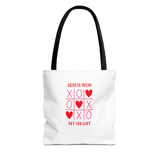 Tote Bag — "Jesus Won My Heart" Christian Scripture Heart Tic‑Tac‑Toe Design