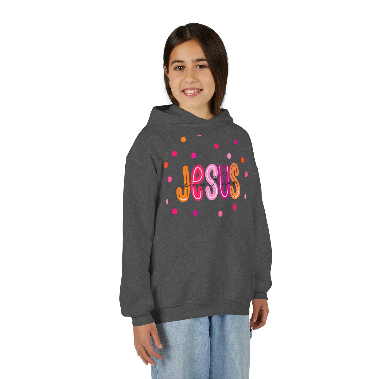 Youth Hoodie — “Jesus” Colorful Polka Dot Christian Pullover
