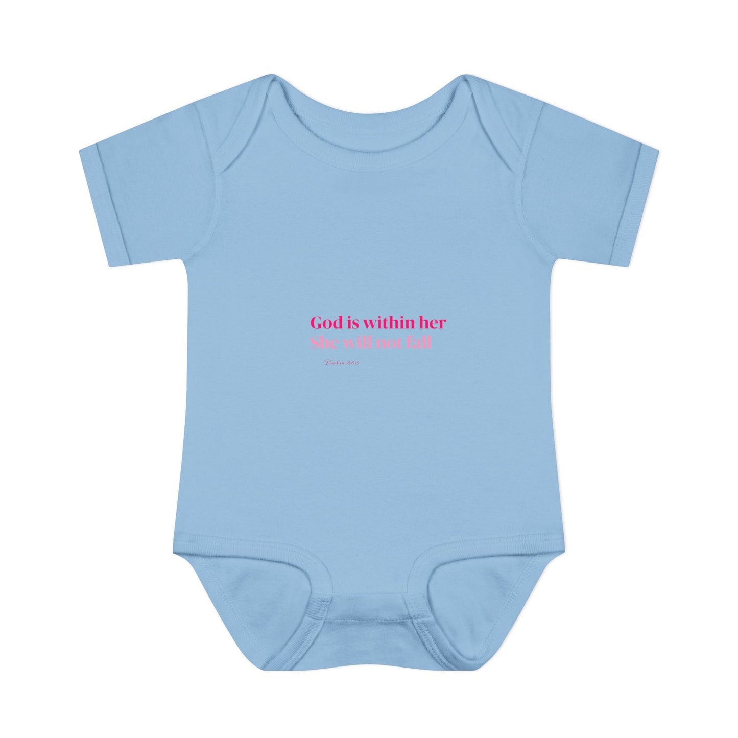 Infant Bodysuit – "God Is Within Her She Will Not Fall" Pink Cross Christian Baby Onesie