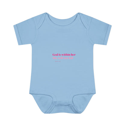 Infant Bodysuit – "God Is Within Her She Will Not Fall" Pink Cross Christian Baby Onesie