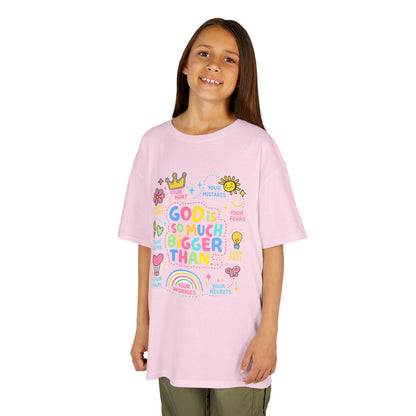 UNISEX Kids Tee — "God Is So Much Bigger Than" Colorful Faith Graphic