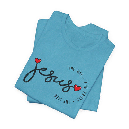 Jesus Script Tee - "Jesus" with Hearts | Faith Christian Shirt
