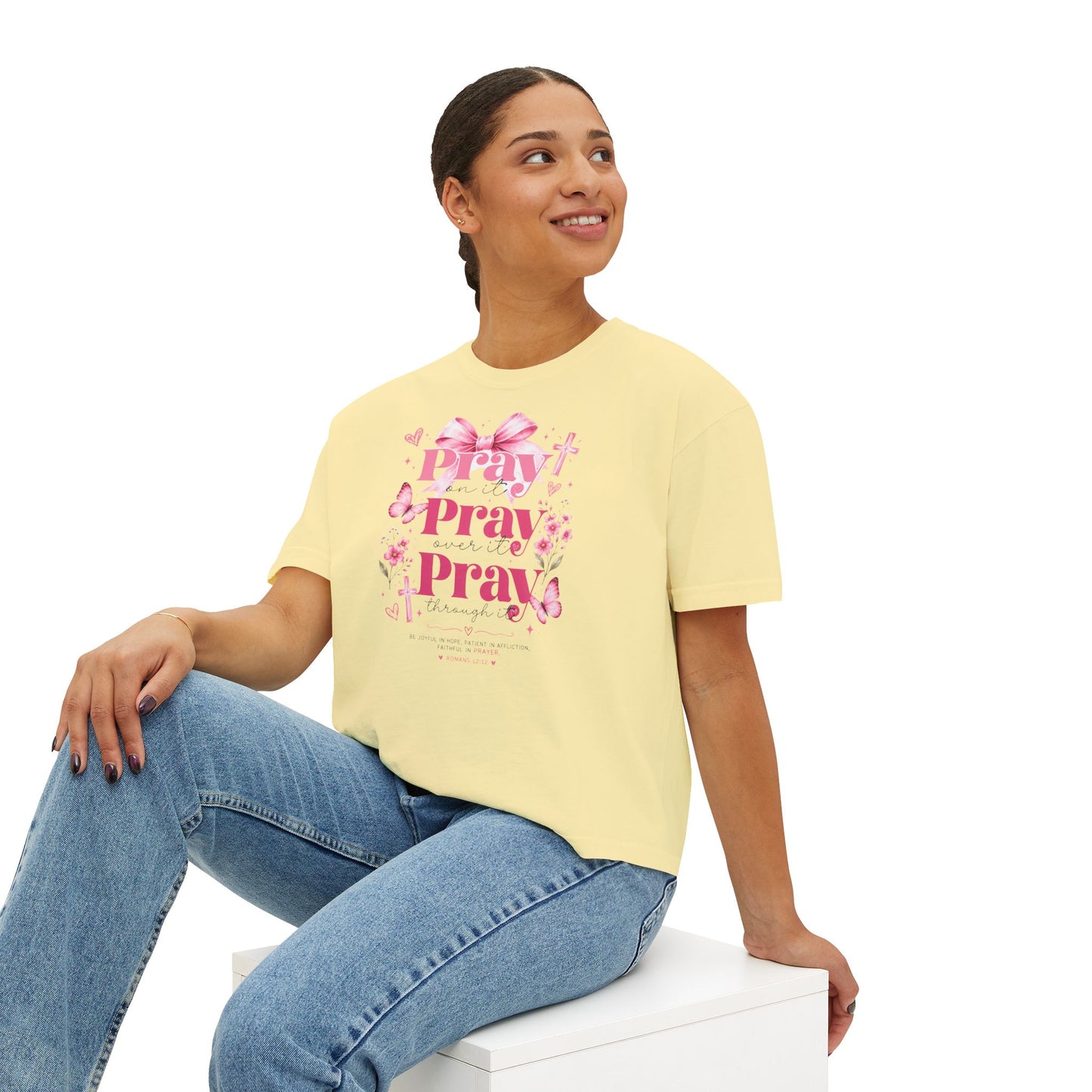Pray Pray Pray Women's Boxy Tee — Pink Faith Floral Graphic