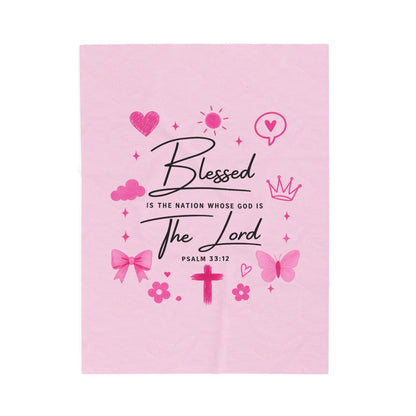 Blessed by the Lord Velveteen Plush Blanket — Pink Christian Scripture Psalm 33:12 Throw
