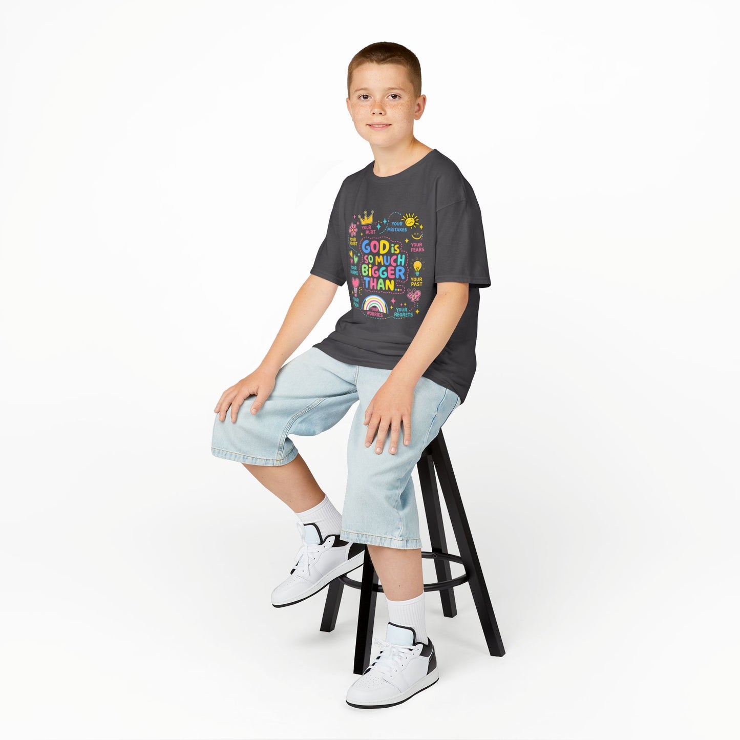 UNISEX Kids Tee — "God Is So Much Bigger Than" Colorful Faith Graphic