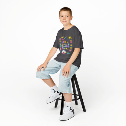UNISEX Kids Tee — "God Is So Much Bigger Than" Colorful Faith Graphic