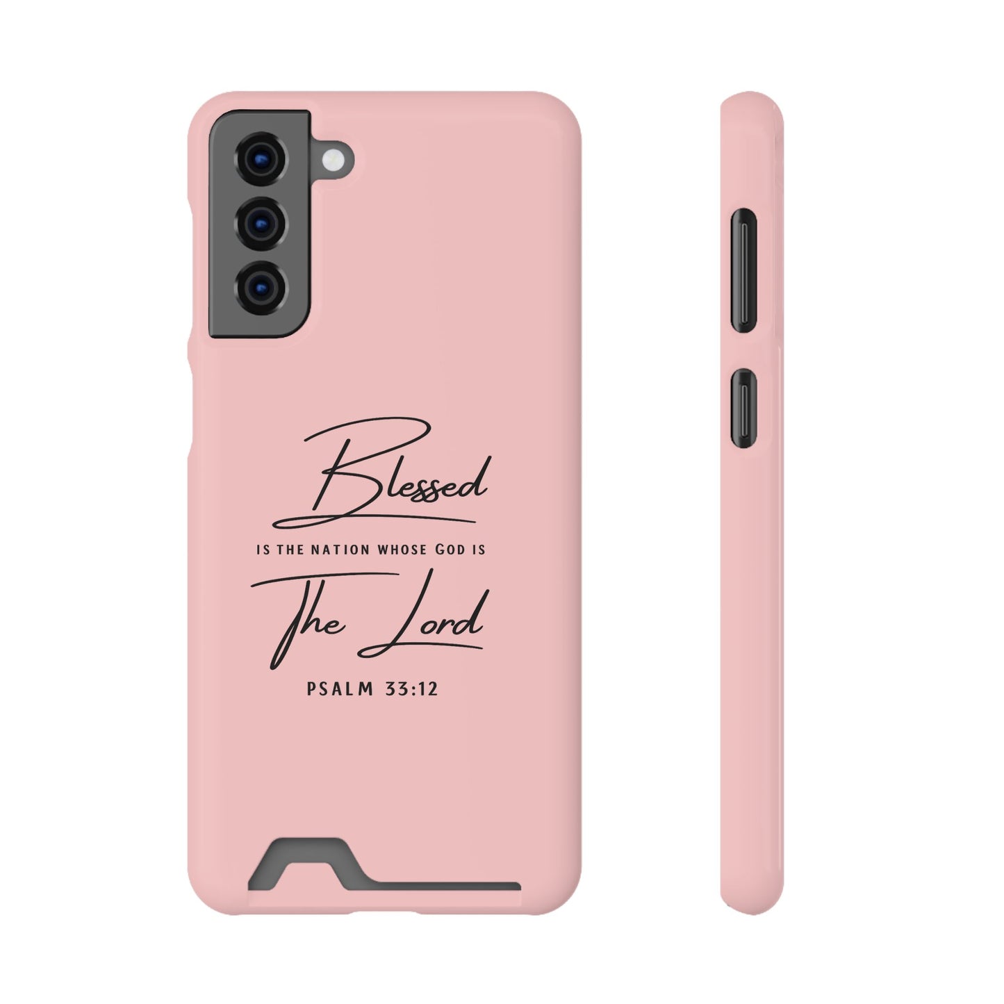Blessed The Lord Pink Phone Case with Card Holder — Psalm 33:12 Christian Wallet Case