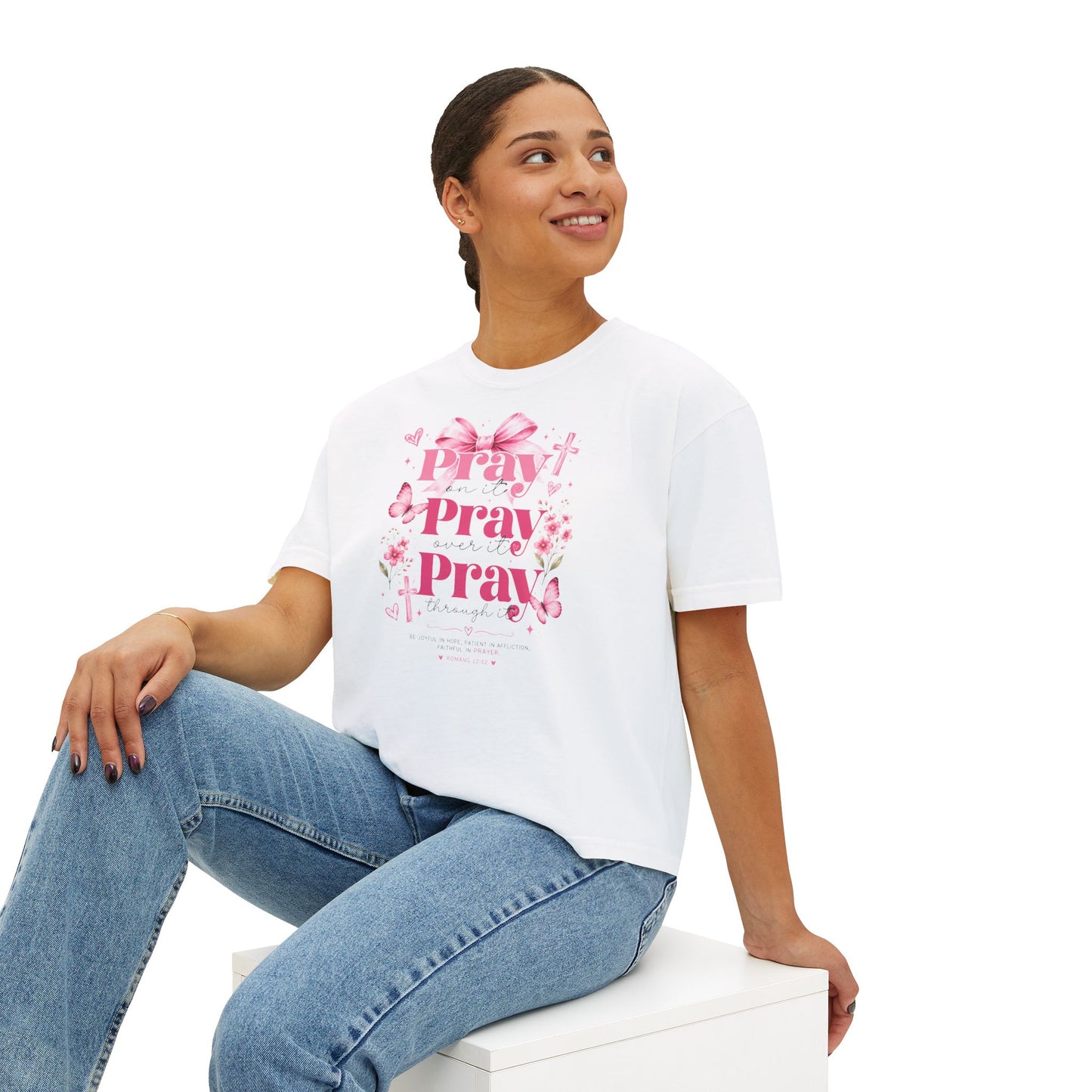 Pray Pray Pray Women's Boxy Tee — Pink Faith Floral Graphic