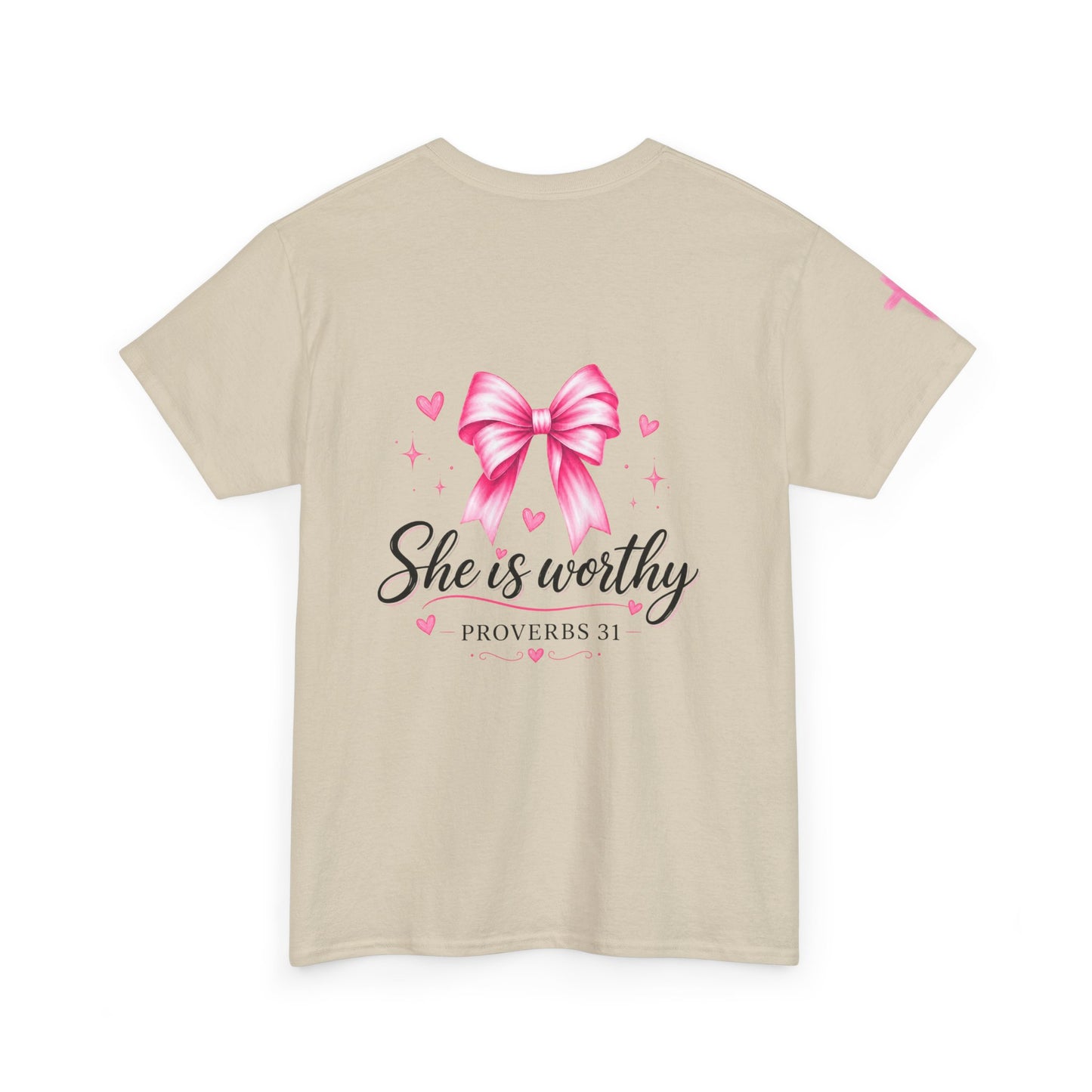 She Is Worthy T-Shirt — "I Know Jesus Loves Me" Pink Bow Christian Tee (Proverbs 31)