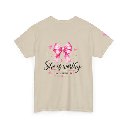She Is Worthy T-Shirt — "I Know Jesus Loves Me" Pink Bow Christian Tee (Proverbs 31)