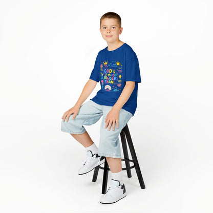 UNISEX Kids Tee — "God Is So Much Bigger Than" Colorful Faith Graphic