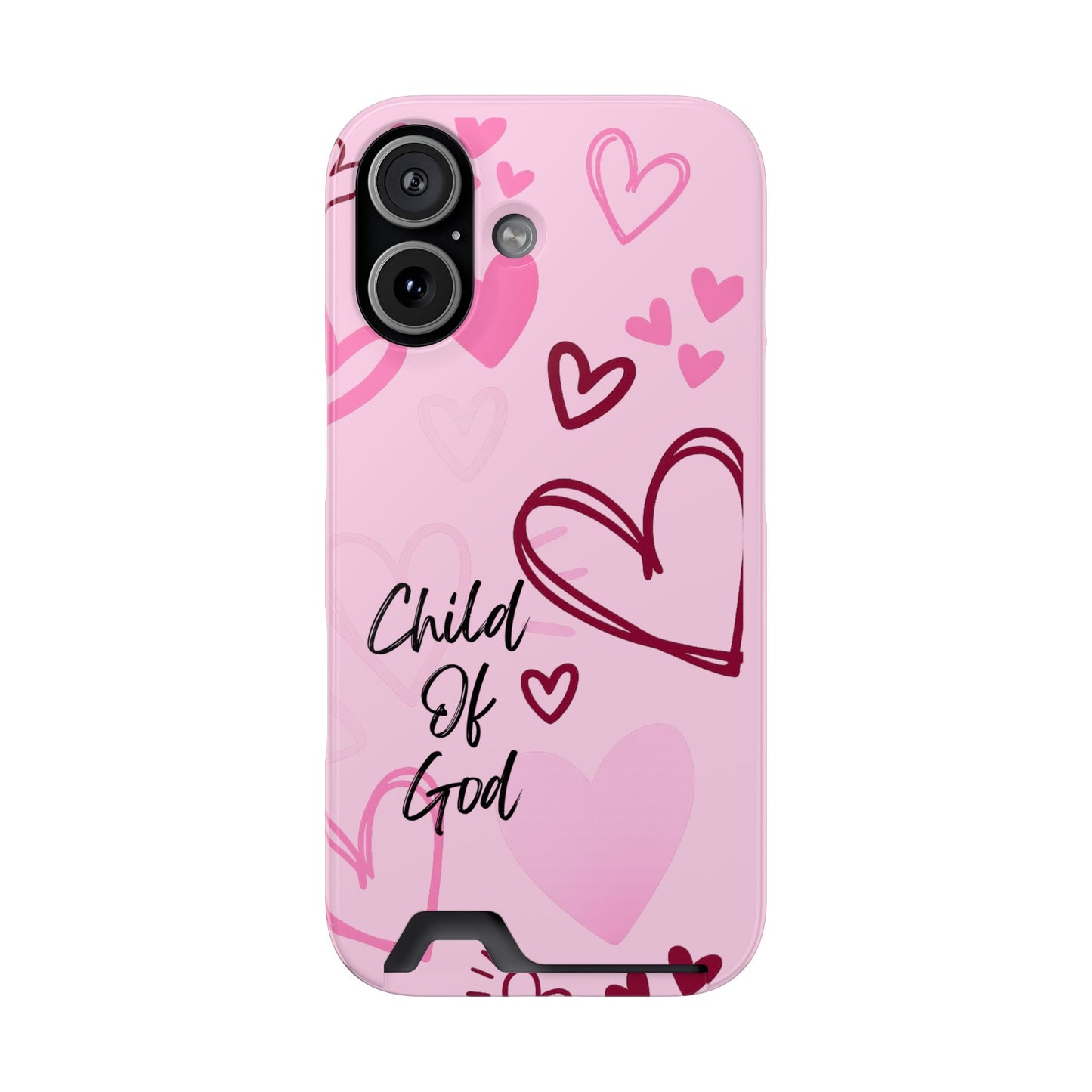 Pink "Child of God" Phone Card Case — Heart Pattern Religious Phone Case with Card Holder