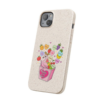 Biodegradable Phone Case — Cute Flamingo & Fruit Hearts "Fruity Love" Eco-Friendly iPhone Cover