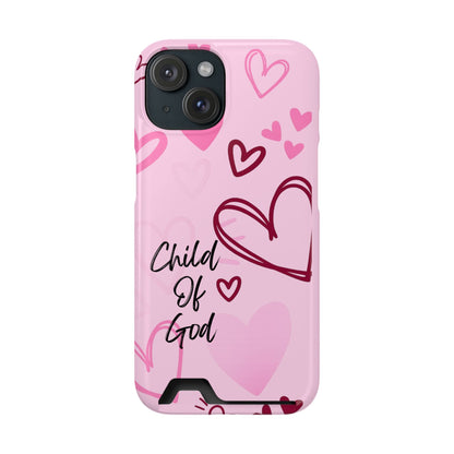 Pink "Child of God" Phone Card Case — Heart Pattern Religious Phone Case with Card Holder