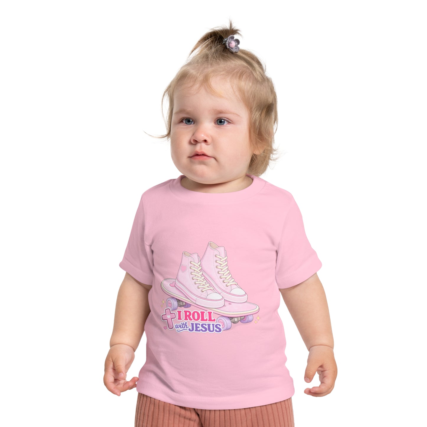 Baby T-Shirt — Pink Roller Skates "I Roll with Jesus" | Christian Infant Tee
