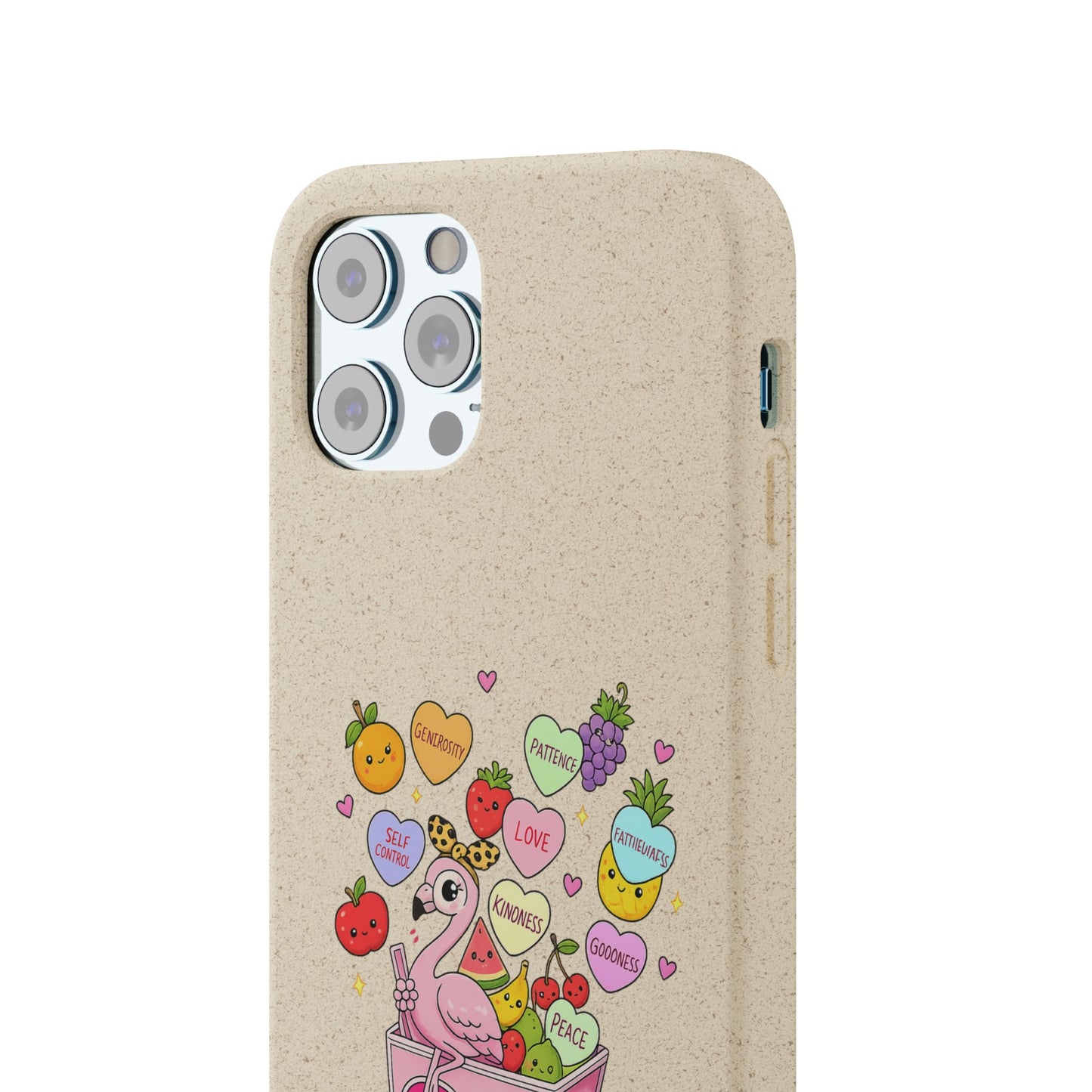 Biodegradable Phone Case — Cute Flamingo & Fruit Hearts "Fruity Love" Eco-Friendly iPhone Cover