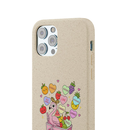 Biodegradable Phone Case — Cute Flamingo & Fruit Hearts "Fruity Love" Eco-Friendly iPhone Cover