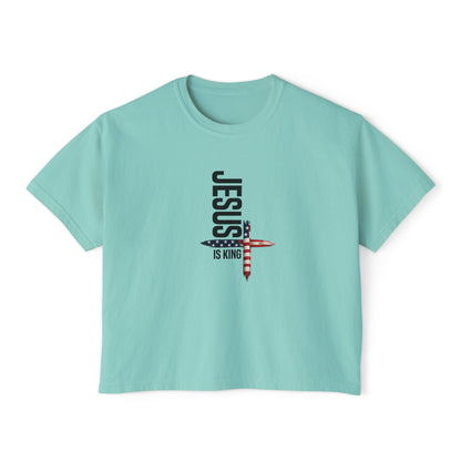 Jesus Is King American Flag Cross Women's Boxy Tee