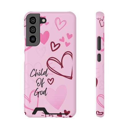 Pink "Child of God" Phone Card Case — Heart Pattern Religious Phone Case with Card Holder