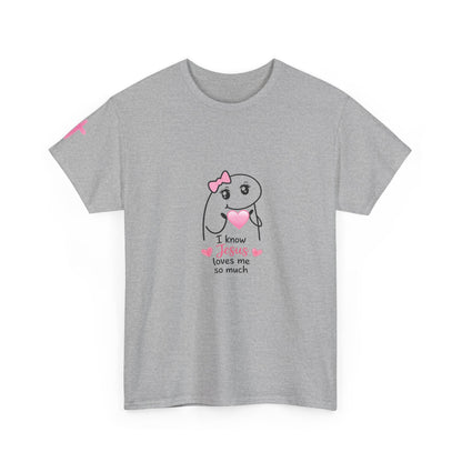 She Is Worthy T-Shirt — "I Know Jesus Loves Me" Pink Bow Christian Tee (Proverbs 31)