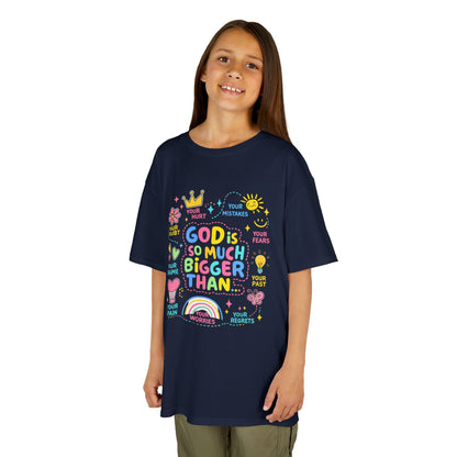 UNISEX Kids Tee — "God Is So Much Bigger Than" Colorful Faith Graphic
