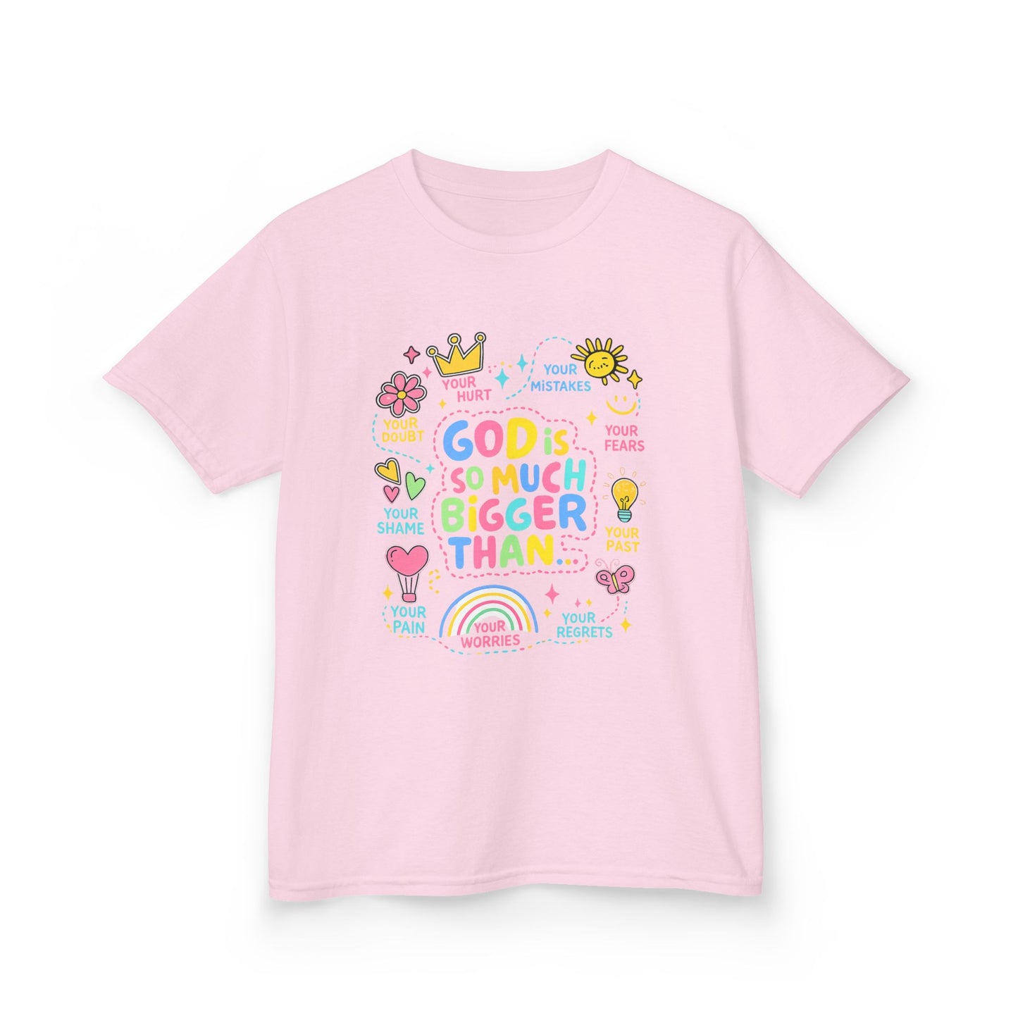 UNISEX Kids Tee — "God Is So Much Bigger Than" Colorful Faith Graphic