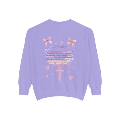 Christian Cross Sweatshirt — Pink Faith Message Garment-Dyed Crewneck