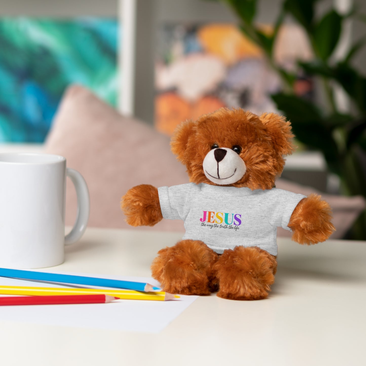 Jesus Rainbow Tee Teddy Bear - Plush Stuffed Animal with Faith Shirt