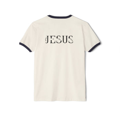 Christian Ringer T-Shirt — 'CHRIST' Front / 'JESUS' Back Religious Tee